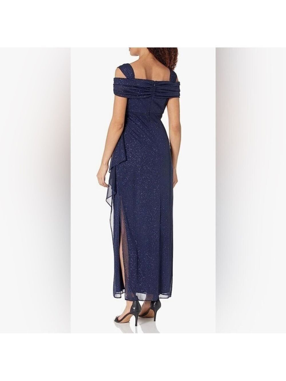 Nwt Alex Evenings Cold Shoulder Glitter Mesh Dress with Draped Skirt & Cowl Neck
